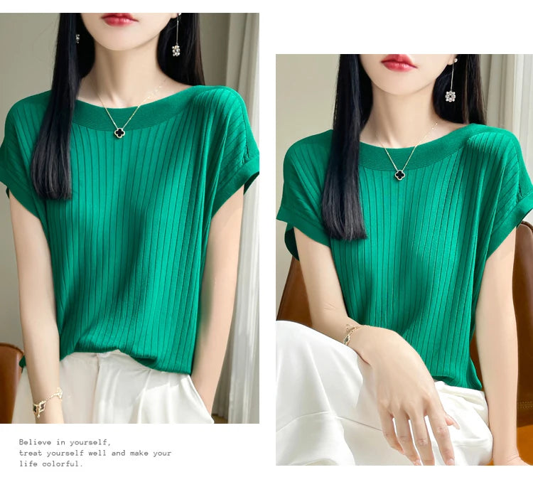 Summer Thin Ice Silk Knitted Loose T-Shirt Women's Short Sleeve Versatile Top Breathable Cool Feeling Pure Color Basic Fit