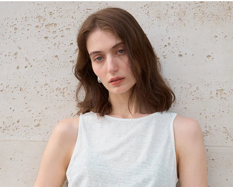 100% Hemp Knitted Thin Tank Top For Women Solid Color Summer Round Neck Sleeveless New Breathable Tops White Tops