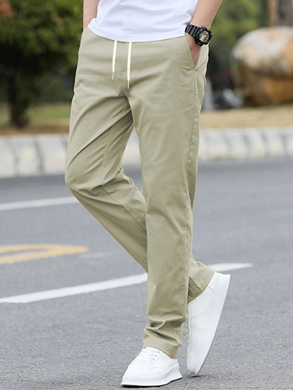 Men's Solid Color Casual Fashion Trousers with Drawstring Waist Regular Fit Pocket Trousers