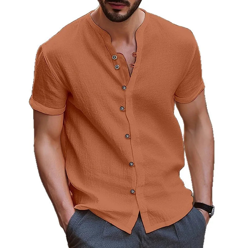 2026 Fashion Men's New Short-Sleeved T-Shirt Fashion Men's Retro Buttoned Cotton-Linen Casual Short-Sleeved Shirt