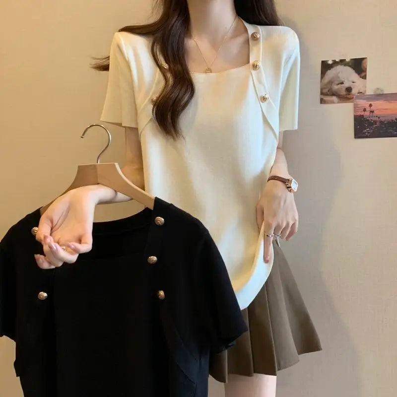 Women Plus Size Square Neck Ice Silk Irregular Hem Short Sleeve T Shirt Loose Slimming Casual Summer Top