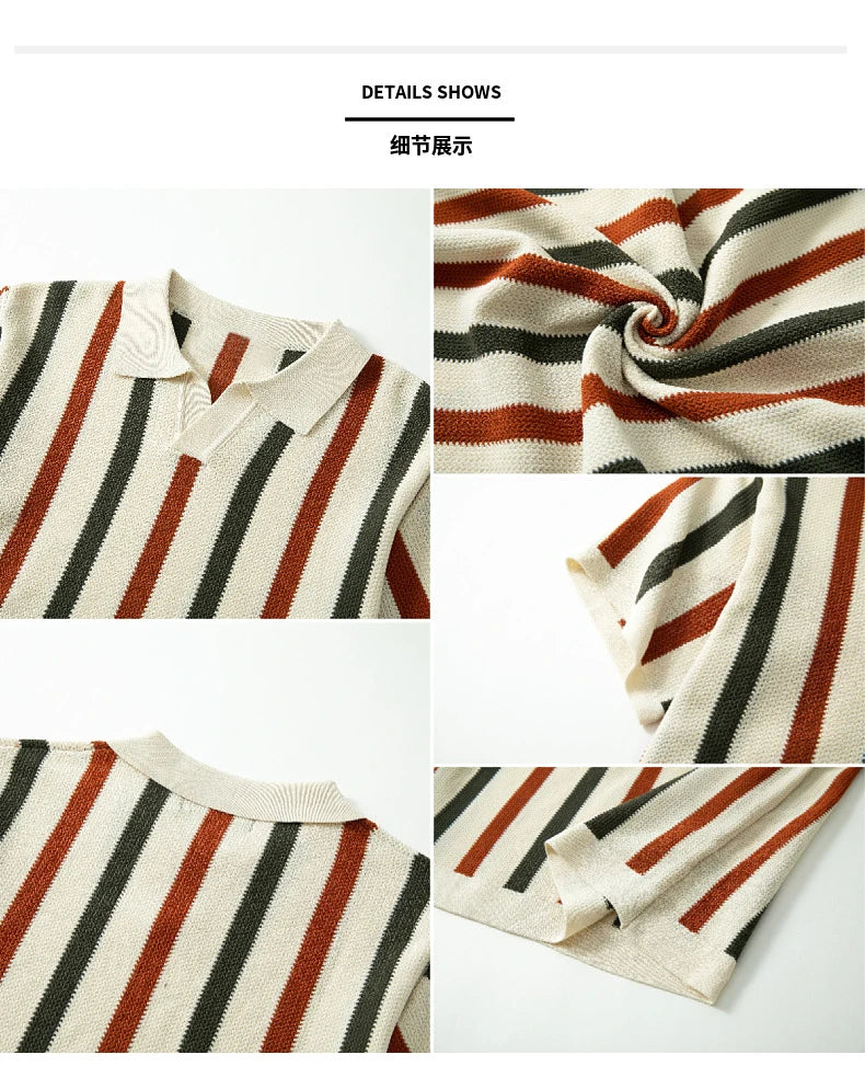 New American Chic Hollow Out Male Polo Shirts Trendy Striped Knitted V Neck Short Sleeve T-shirt High Street Breathable Knitwear
