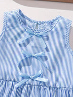 Fashion girl pink and white striped round neck lace up bow ruffle edge+pink striped side butterfly shorts two-piece set