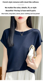 Summer Thin Ice Silk Knitted Loose T-Shirt Women's Short Sleeve Versatile Top Breathable Cool Feeling Pure Color Basic Fit