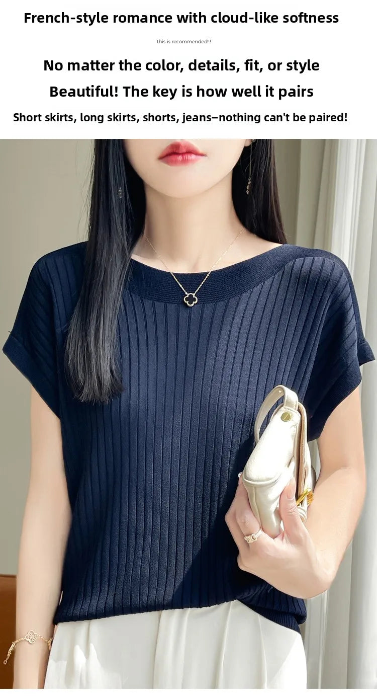 Summer Thin Ice Silk Knitted Loose T-Shirt Women's Short Sleeve Versatile Top Breathable Cool Feeling Pure Color Basic Fit