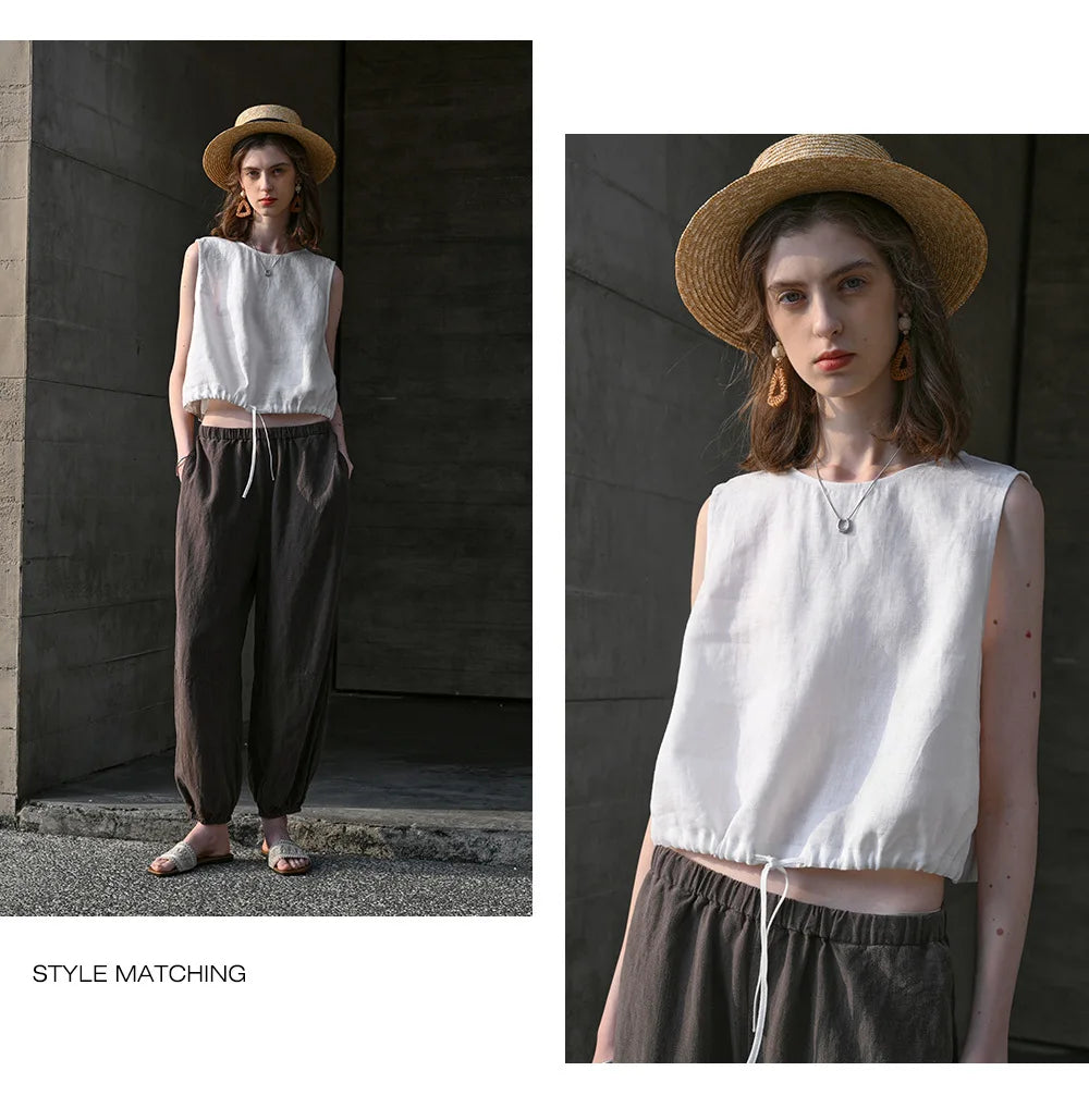 100% Linen Tank Top Women 2026 Summer Breathable Short Tops Sleeveless Casual Loose Cotton Linen Drawstring Crop Tops