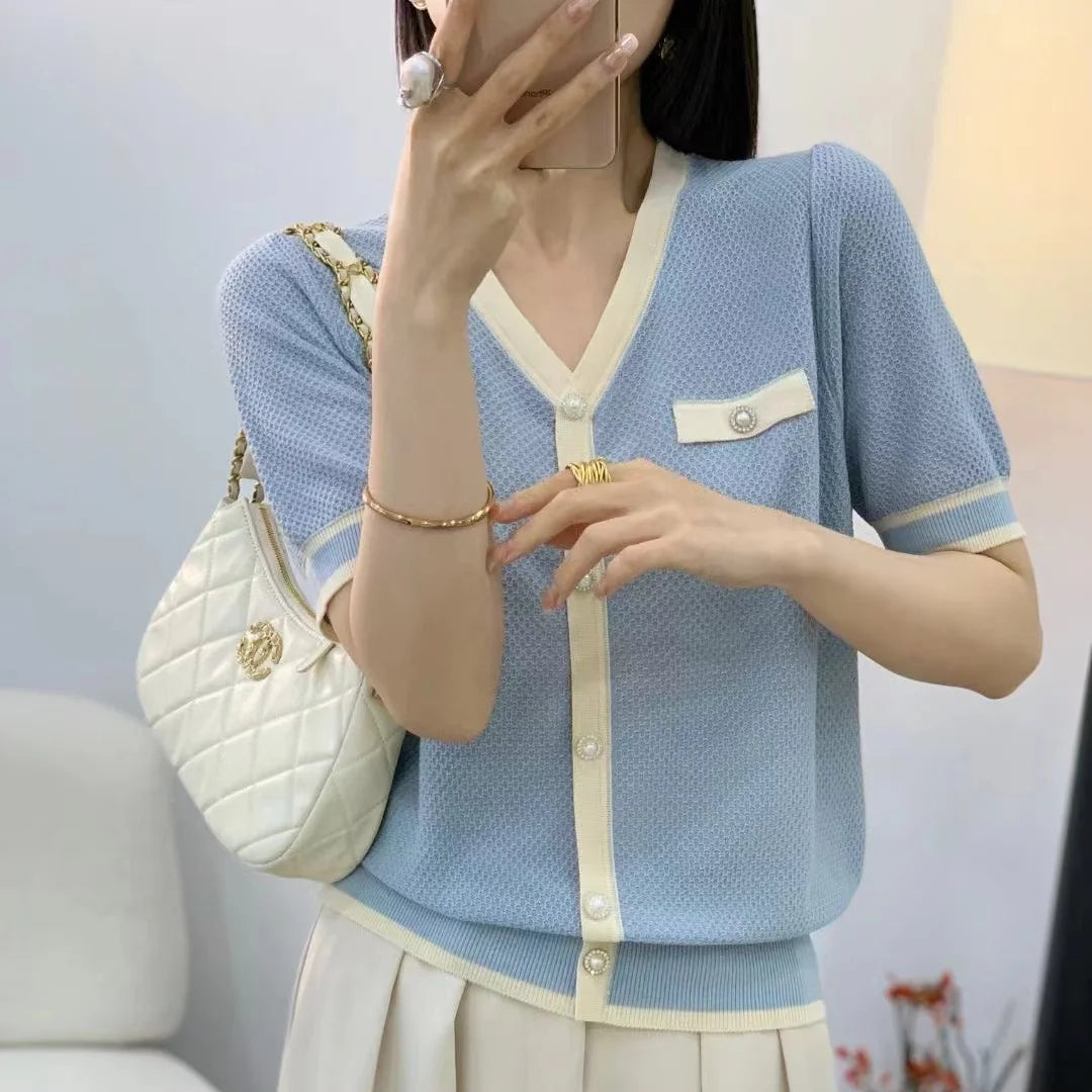 Elegant Short Sleeve V-Neck Knitwear Women's Summer Fashion Versatile Thin Korean Style Commute Wind T-Shirt Casual Pure Color