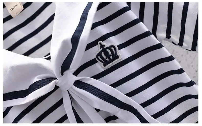 Girls Summer Casual Striped Sailor Collar Short Sleeve Suits 4 6 8 10 12 14 Years Girls JK Style Fashion Tops+Skirts 2pcs Sets