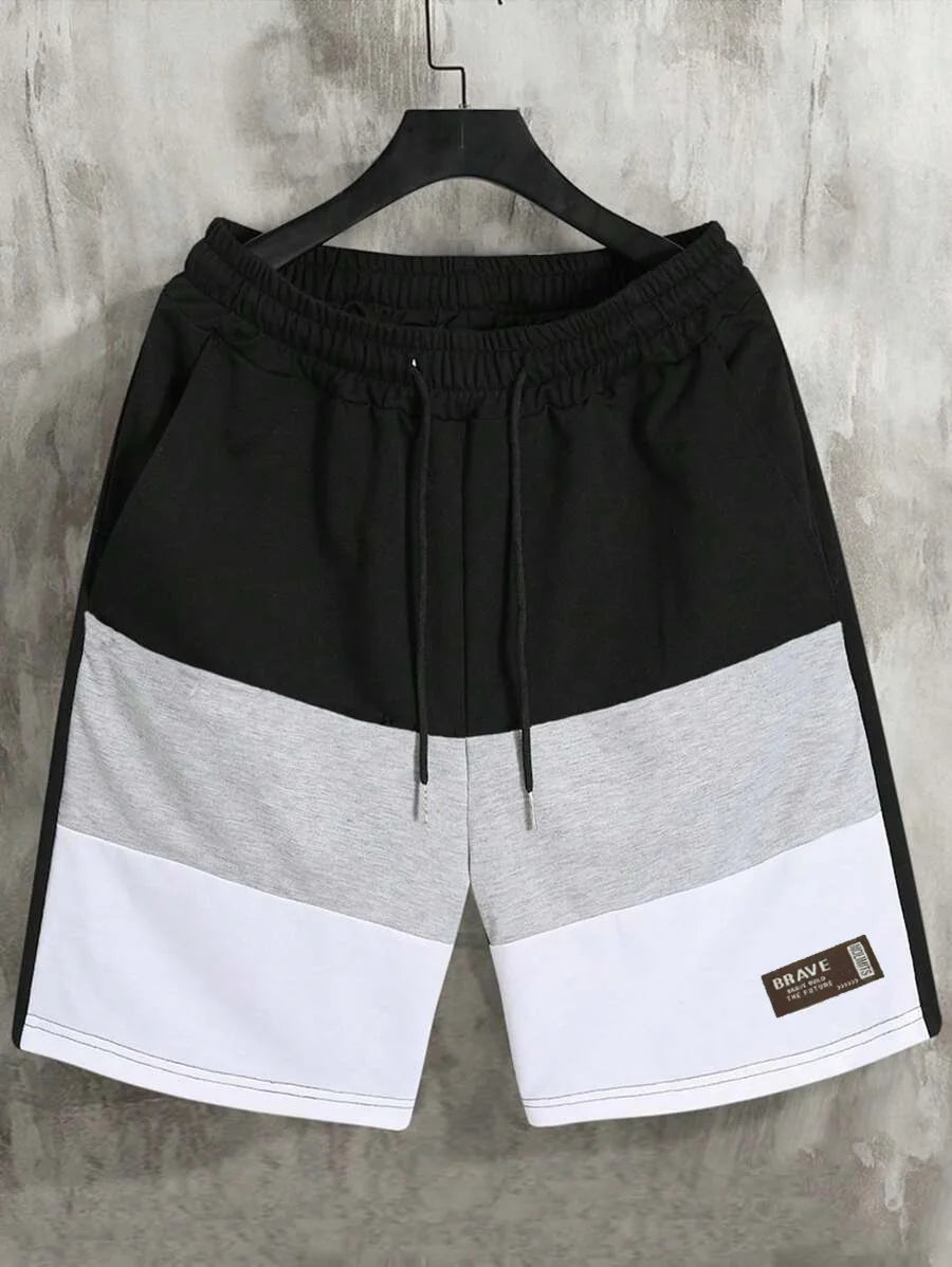 Men's Casual Color Block Short Pants American Loose Straight Leg Five-Quarter Length Summer New Sporty Trendy Polyester Fiber