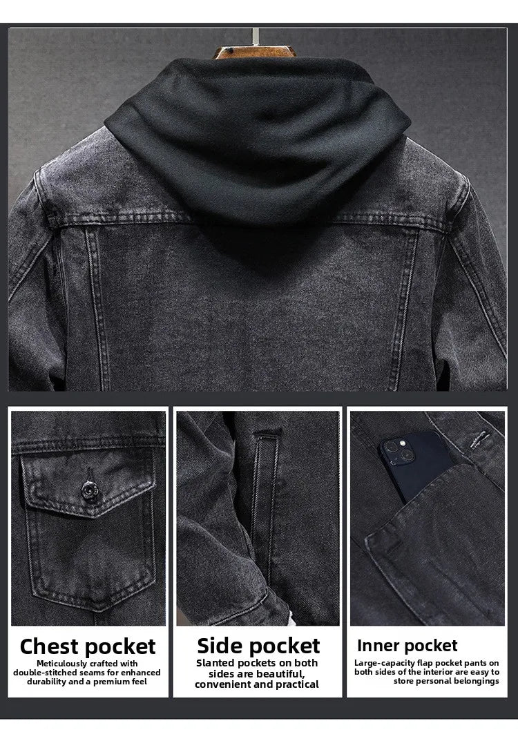 Casual Men's Denim Jacket Spring Autumn American Simple Trendy Hoodie Detachable Breathable Wear Resistant Windproof Sweat AB...