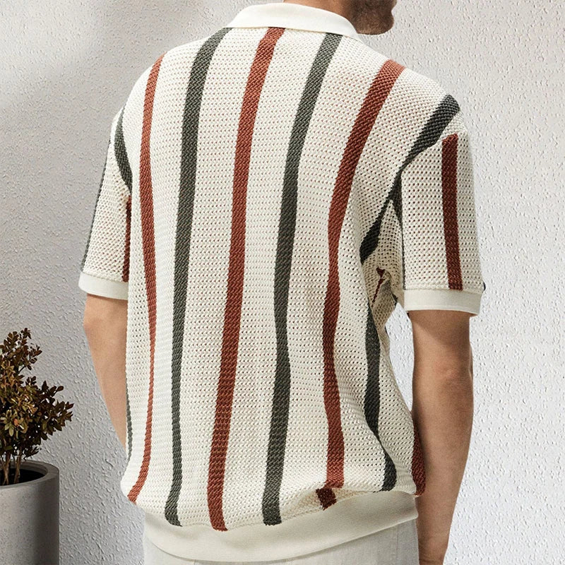 New American Chic Hollow Out Male Polo Shirts Trendy Striped Knitted V Neck Short Sleeve T-shirt High Street Breathable Knitwear