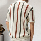 New American Chic Hollow Out Male Polo Shirts Trendy Striped Knitted V Neck Short Sleeve T-shirt High Street Breathable Knitwear