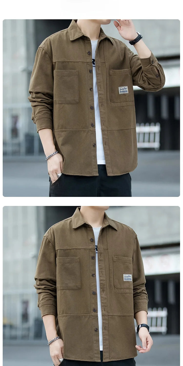 Men's Pure Cotton Long Sleeve Shirt Vintage Workwear Simple Style Autumn Winter New Arrival Casual Versatile Top Youth Fashion