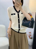Elegant Short Sleeve V-Neck Knitwear Women's Summer Fashion Versatile Thin Korean Style Commute Wind T-Shirt Casual Pure Color