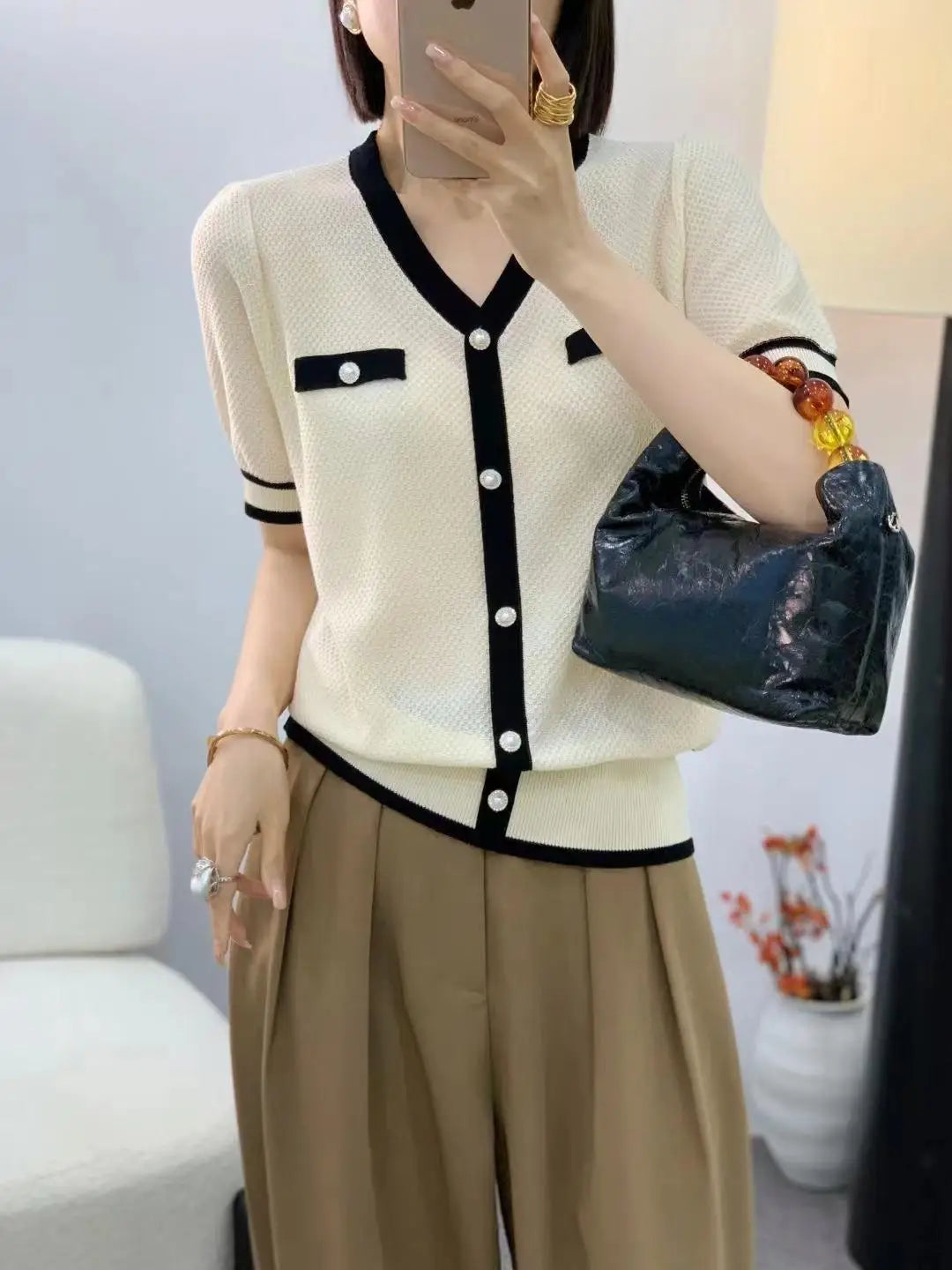 Elegant Short Sleeve V-Neck Knitwear Women's Summer Fashion Versatile Thin Korean Style Commute Wind T-Shirt Casual Pure Color