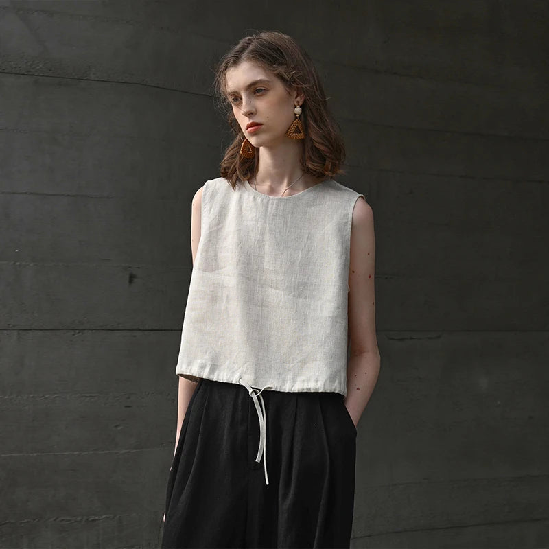 100% Linen Tank Top Women 2026 Summer Breathable Short Tops Sleeveless Casual Loose Cotton Linen Drawstring Crop Tops