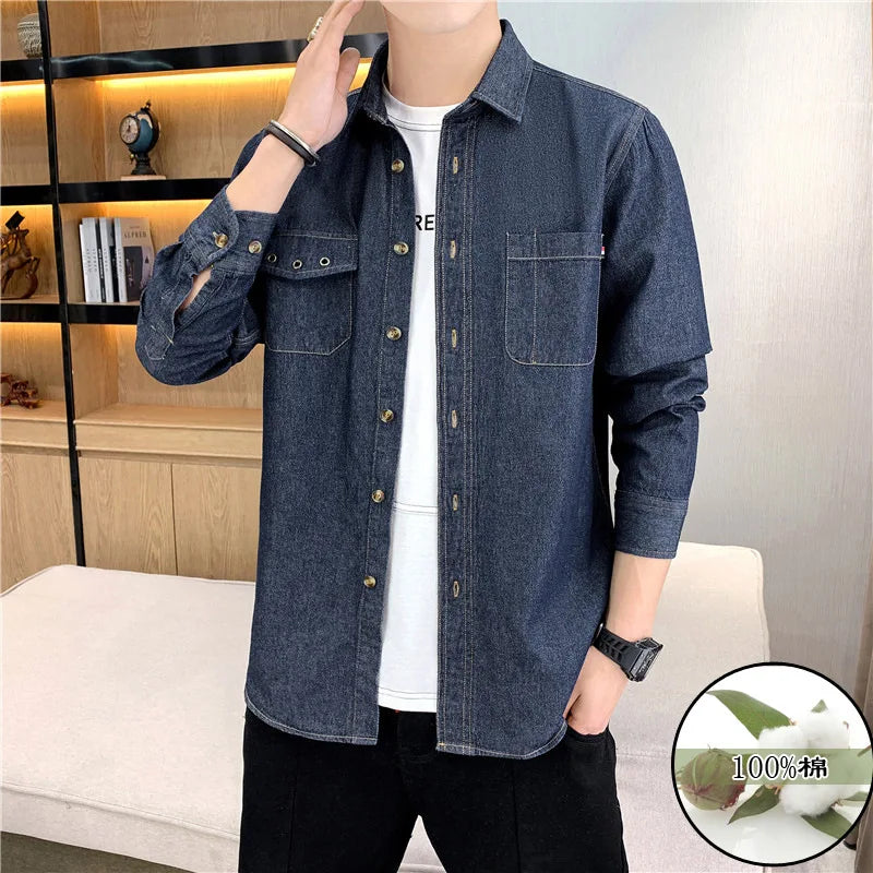 New Men's Denim Shirt Pure Cotton Washed Fashion Top Youth Style Japanese Design Autumn Collection Slim Fit Long Sleeve Casua...