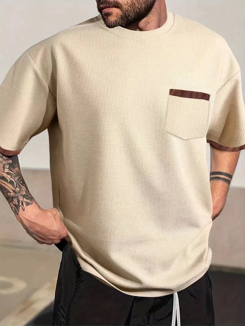 summer Casual breathable Men Tops Patchwork pocket sports pullover Textured Male Loose round collar short sleeve men T-shirts