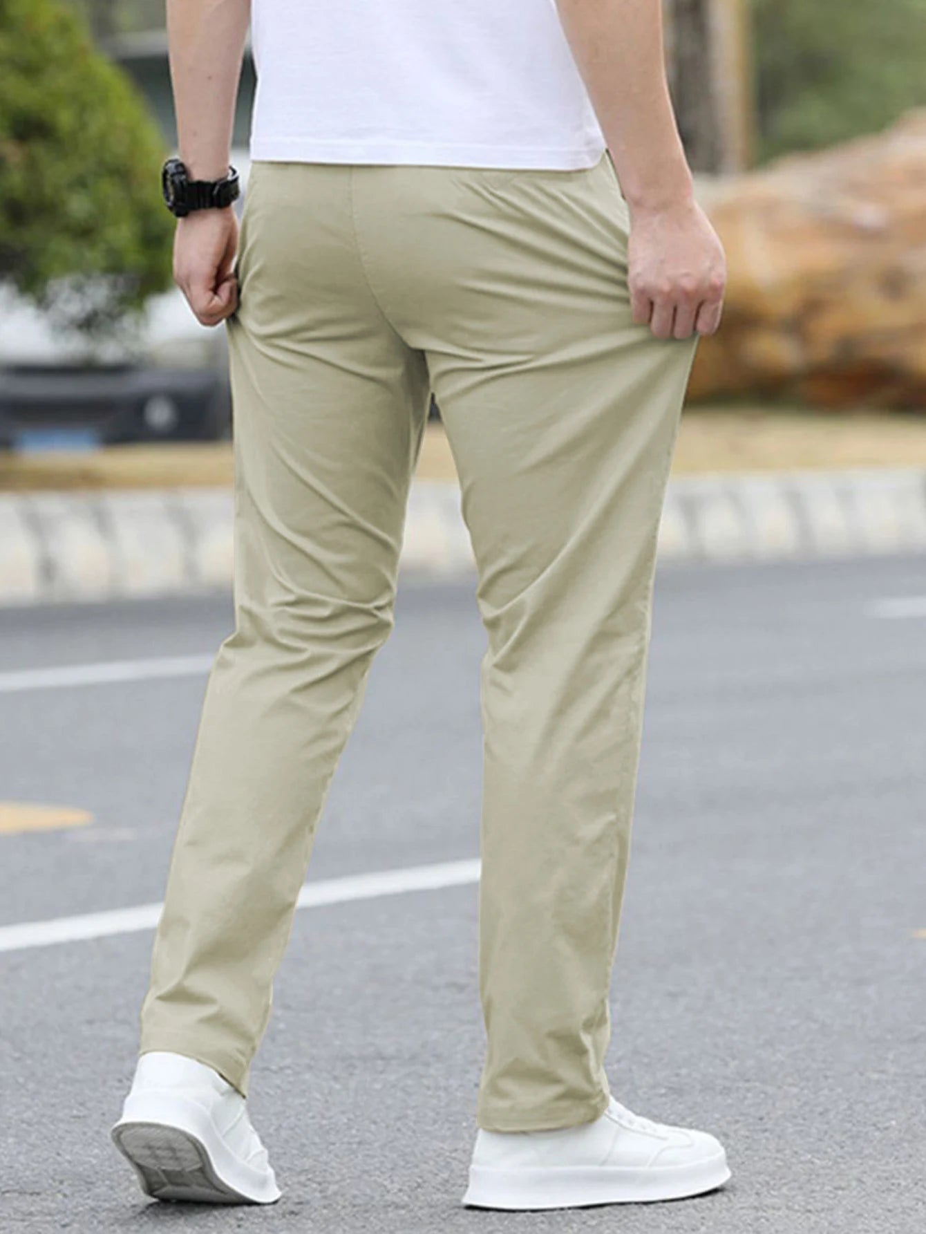 Men's Solid Color Casual Fashion Trousers with Drawstring Waist Regular Fit Pocket Trousers