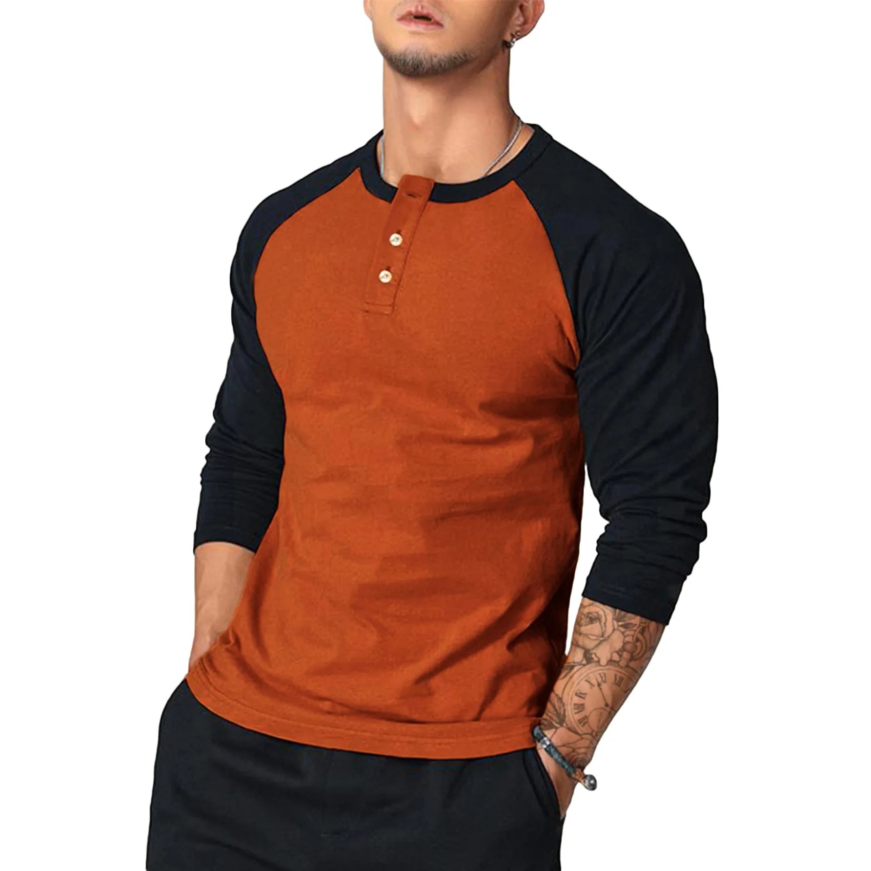 New Slim Fit Round Neck Long Sleeve T-Shirt Men with Arm Color Block Casual Base Layer