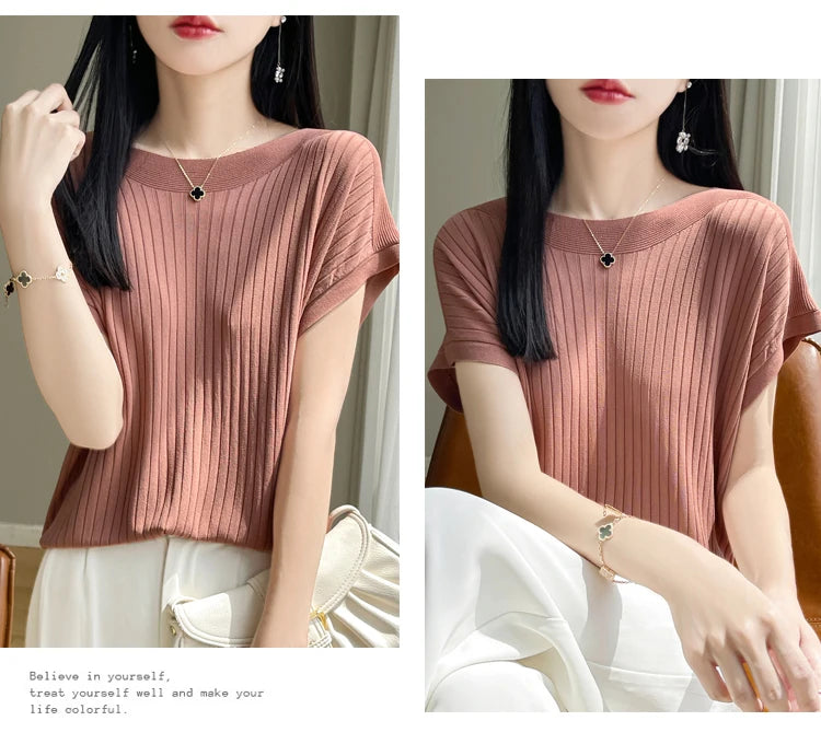 Summer Thin Ice Silk Knitted Loose T-Shirt Women's Short Sleeve Versatile Top Breathable Cool Feeling Pure Color Basic Fit
