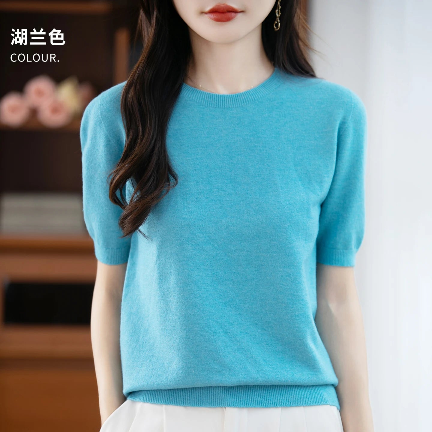 Fall/winter women's O-neck basic warm casual pullover fashion short sleeve 100% wool 22-color knitted sweater.