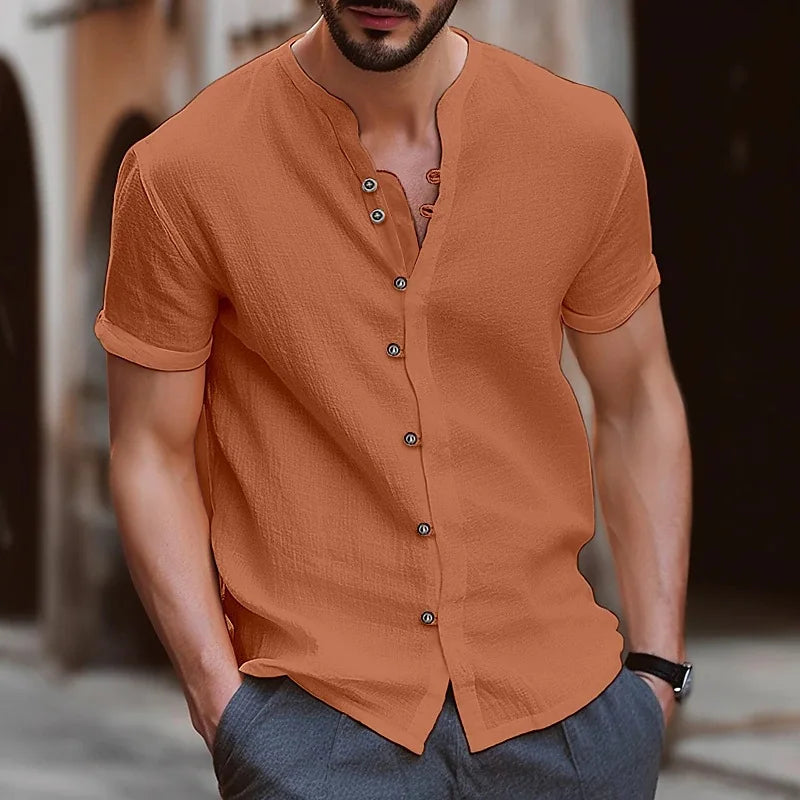 2026 Fashion Men's New Short-Sleeved T-Shirt Fashion Men's Retro Buttoned Cotton-Linen Casual Short-Sleeved Shirt