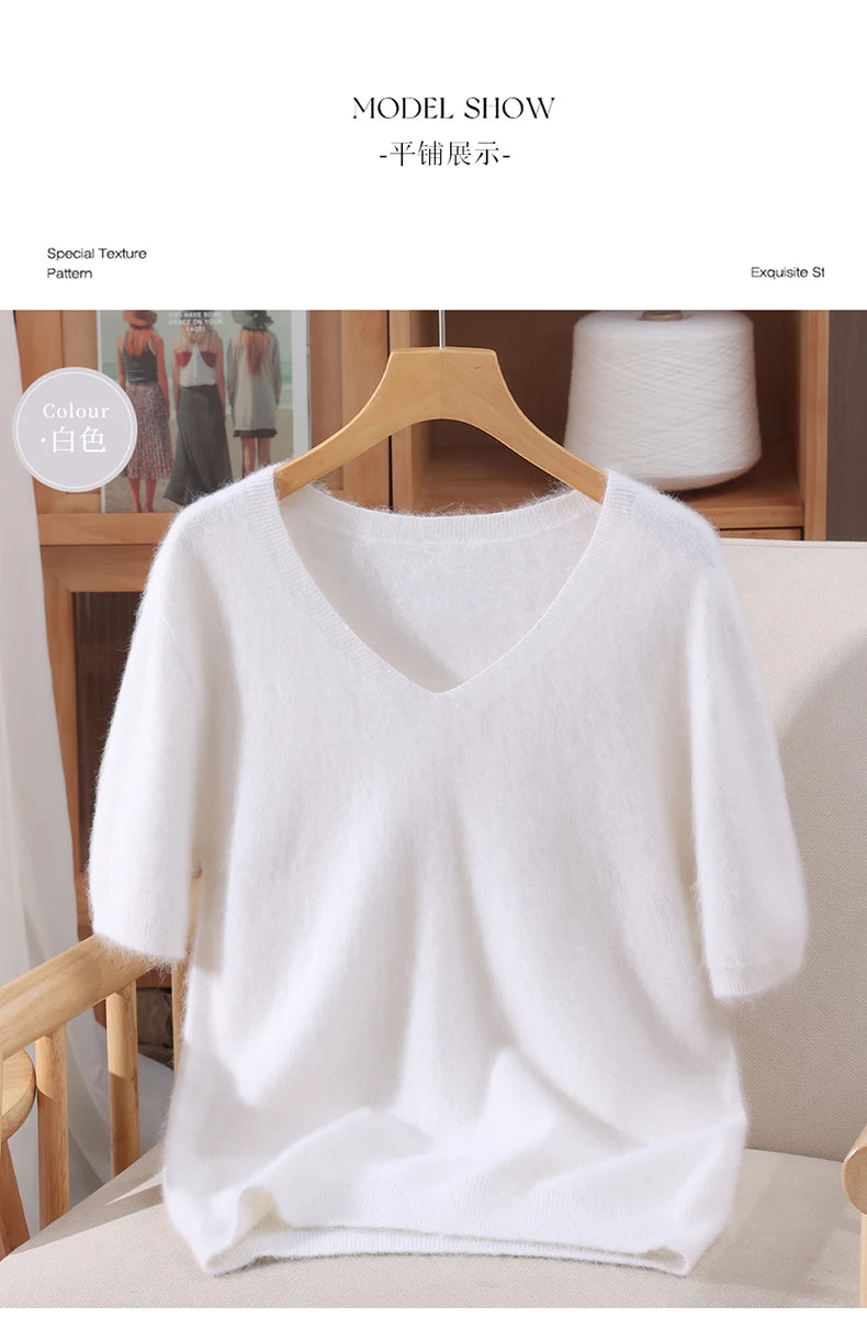 Women's 100% pure mink cashmere V-neck sweater T-shirt solid color knitted fashionable versatile short sleeved pullover sweater