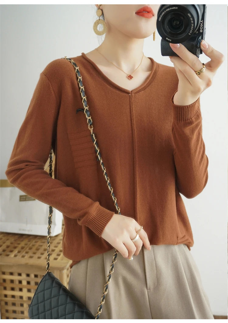 2023 Autumn/Winter Women's New Pullover Casual Solid 100% Cotton Knitted V-Neck Loose Sweater Fashion Soft Breathable Top