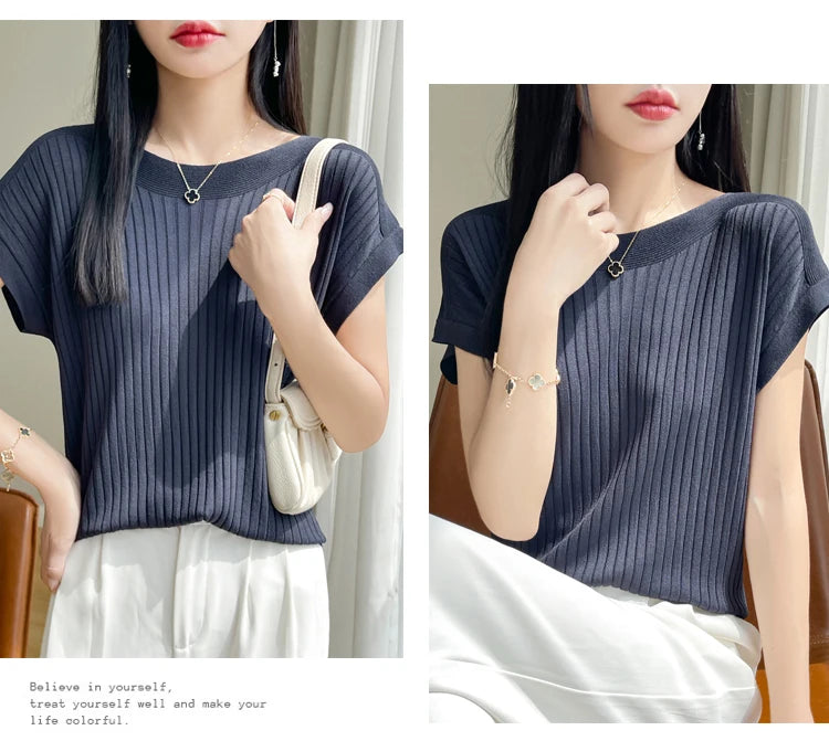 Summer Thin Ice Silk Knitted Loose T-Shirt Women's Short Sleeve Versatile Top Breathable Cool Feeling Pure Color Basic Fit