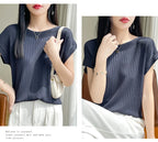 Summer Thin Ice Silk Knitted Loose T-Shirt Women's Short Sleeve Versatile Top Breathable Cool Feeling Pure Color Basic Fit