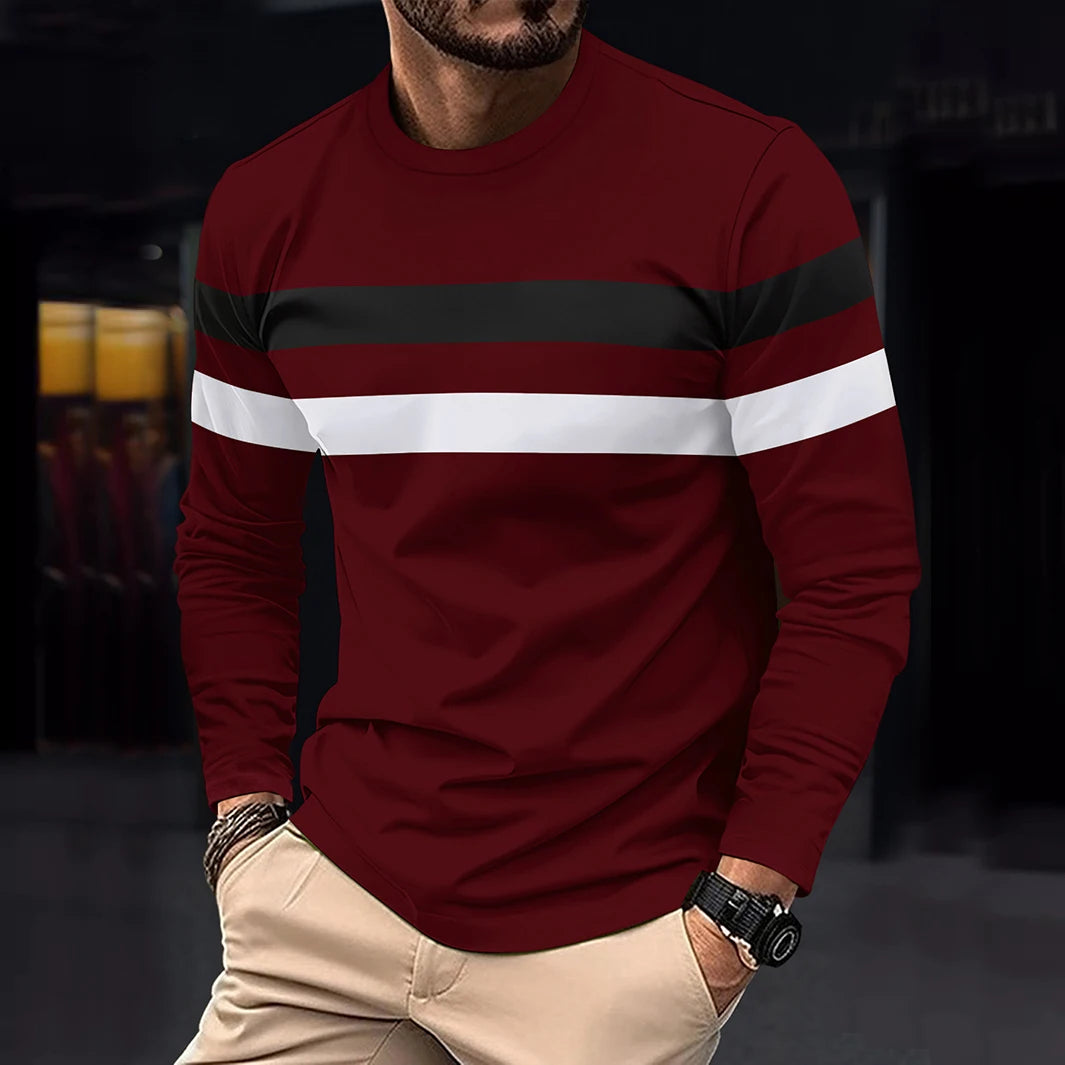 Spring Autumn Men's Color Matching Casual Fashion Sports Gym Beach Holiday Round Neck Long Sleeve O-neck T-Shirt Male Clothing