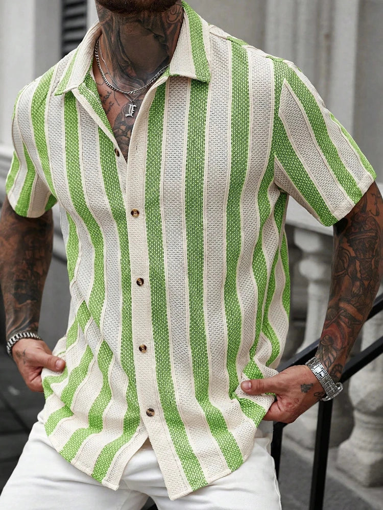 Vacation Casual Mens Knitted Shirts Short Sleeve Button-up Lapel Knit Shirt 2026 Spring Summer Stylish Patchwork Striped Shirts