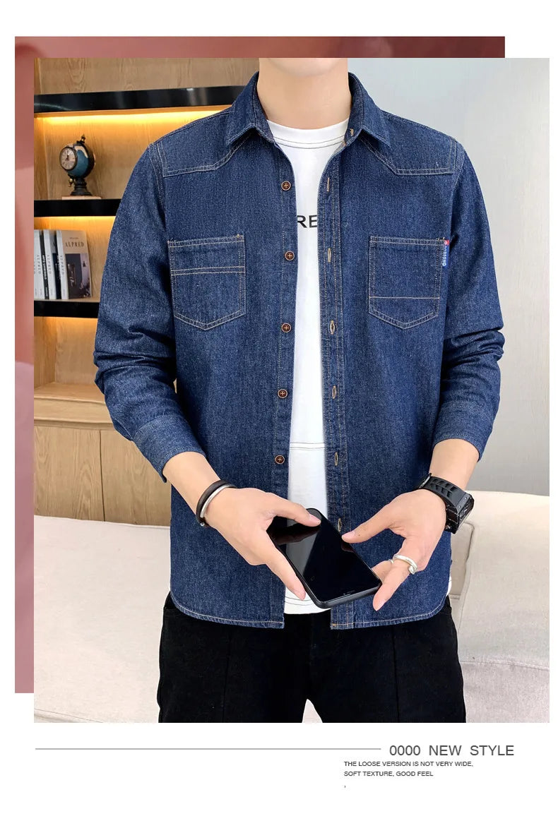 New Men's Denim Shirt Pure Cotton Washed Fashion Top Youth Style Japanese Design Autumn Collection Slim Fit Long Sleeve Casua...