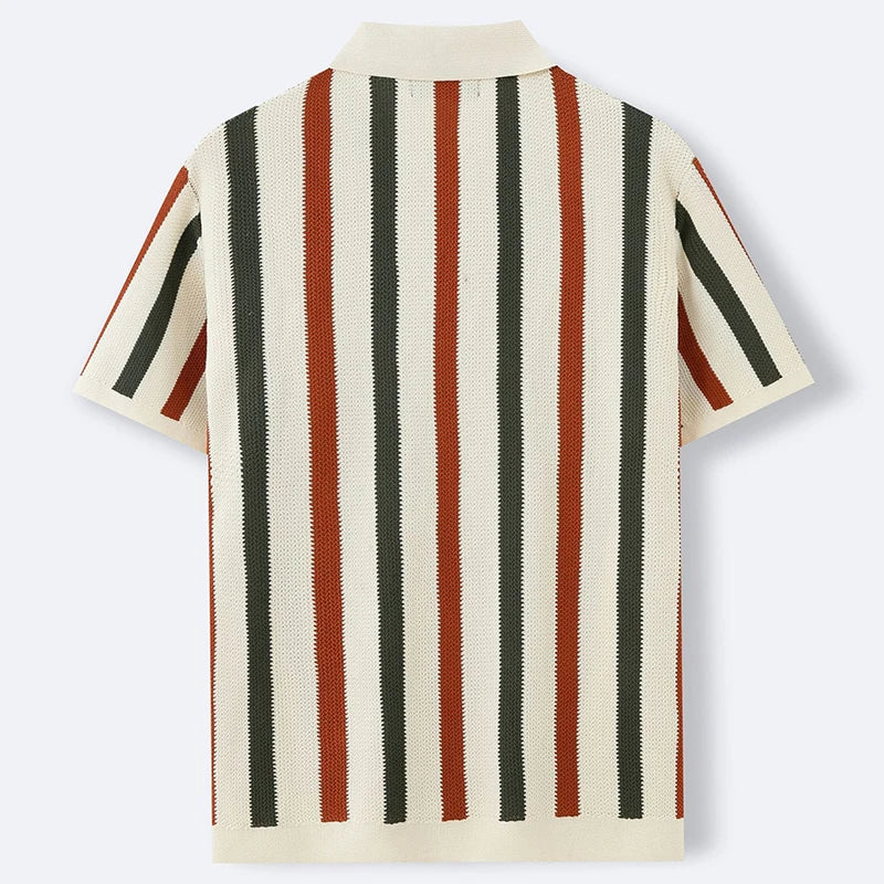 New American Chic Hollow Out Male Polo Shirts Trendy Striped Knitted V Neck Short Sleeve T-shirt High Street Breathable Knitwear