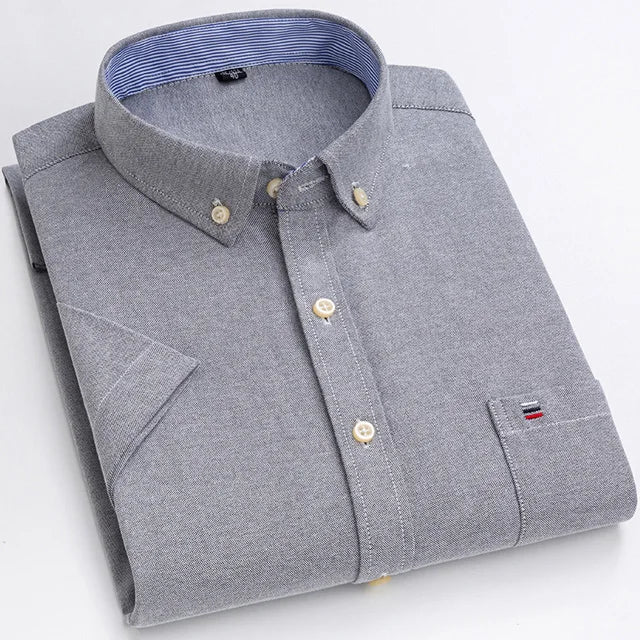 Men's Oxford Short Sleeve Square Collar Soild Plaid Striped Summer Casual Shirts Single Pocket Comfortable Cotton Shirt