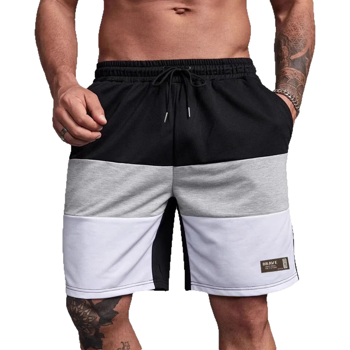 Men's Casual Color Block Short Pants American Loose Straight Leg Five-Quarter Length Summer New Sporty Trendy Polyester Fiber