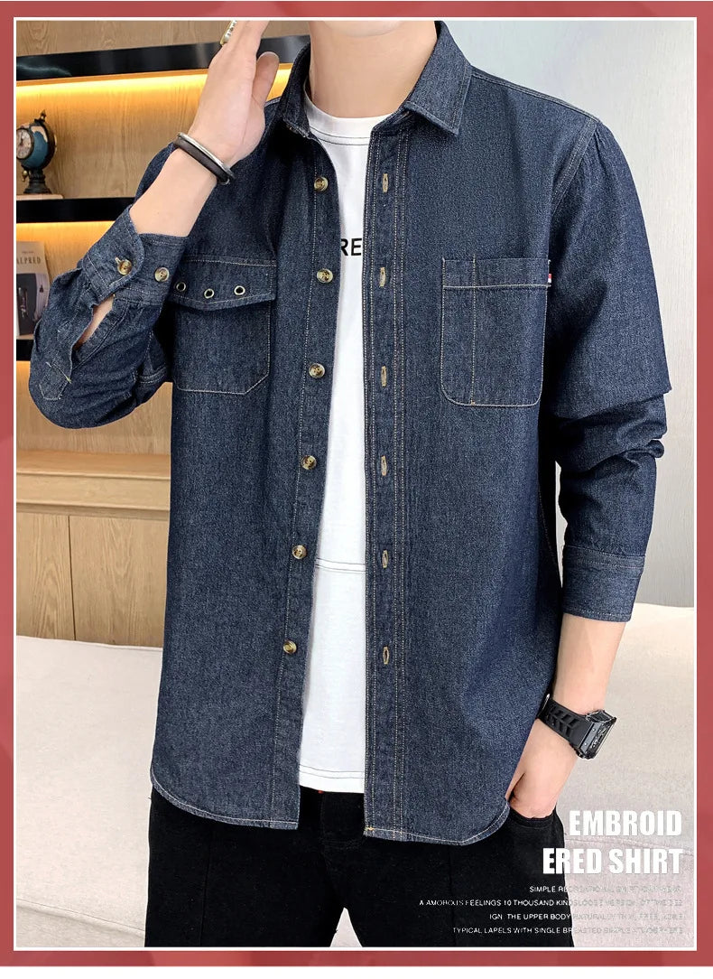 New Men's Denim Shirt Pure Cotton Washed Fashion Top Youth Style Japanese Design Autumn Collection Slim Fit Long Sleeve Casua...