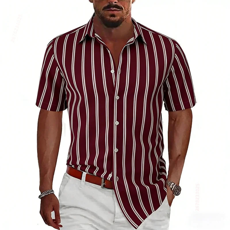 2026 Summer New Men's Striped Short-Sleeve Shirt, Multiple Colors Available, Outdoor Streetwear Casual Fashion Men's Top, XS-6XL