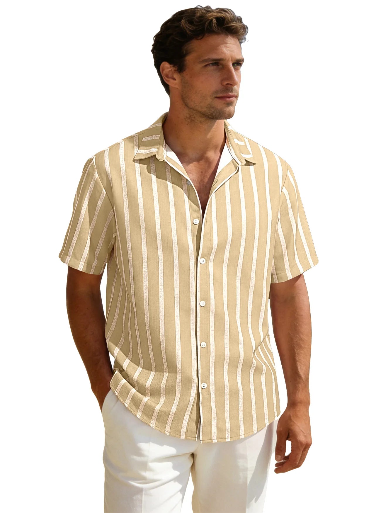 Summer new men's striped short sleeved shirt, men's casual versatile loose short sleeved shirt