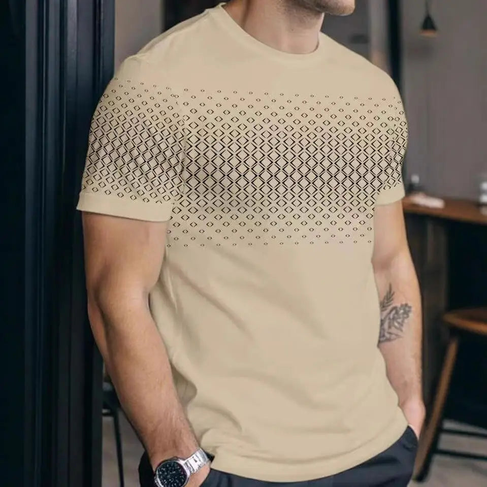 Men's Summer Thin Short Sleeve T-Shirt round Neck Print Polyester Fiber Square Pattern Men's Fashion Independent Station