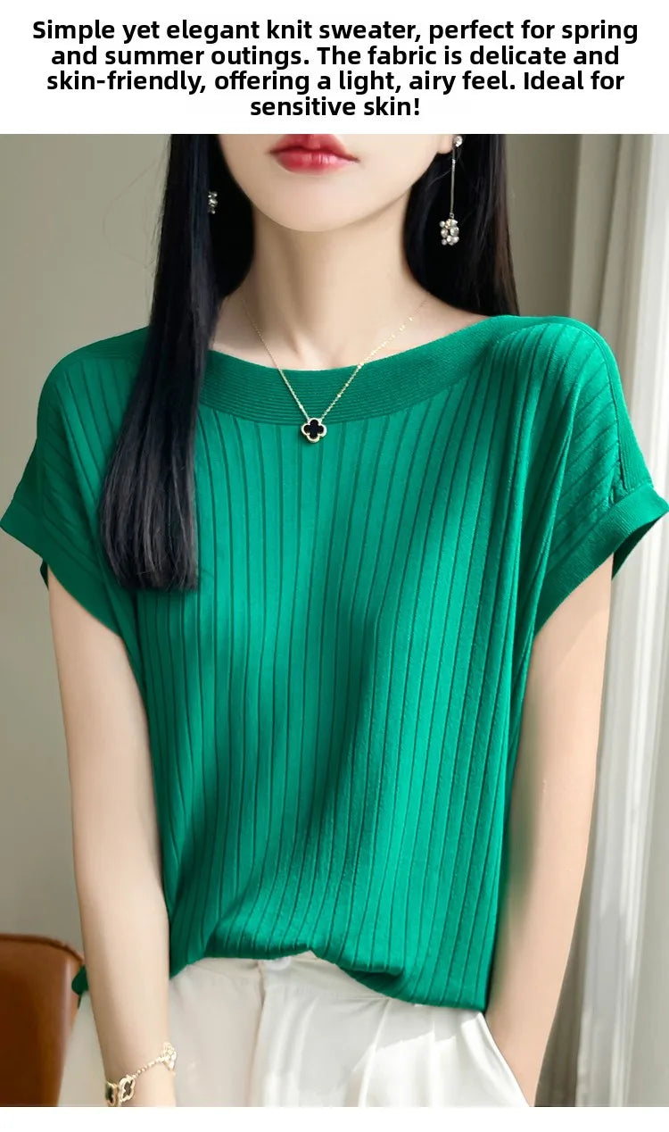 Summer Thin Ice Silk Knitted Loose T-Shirt Women's Short Sleeve Versatile Top Breathable Cool Feeling Pure Color Basic Fit