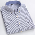 Men's Oxford Short Sleeve Square Collar Soild Plaid Striped Summer Casual Shirts Single Pocket Comfortable Cotton Shirt