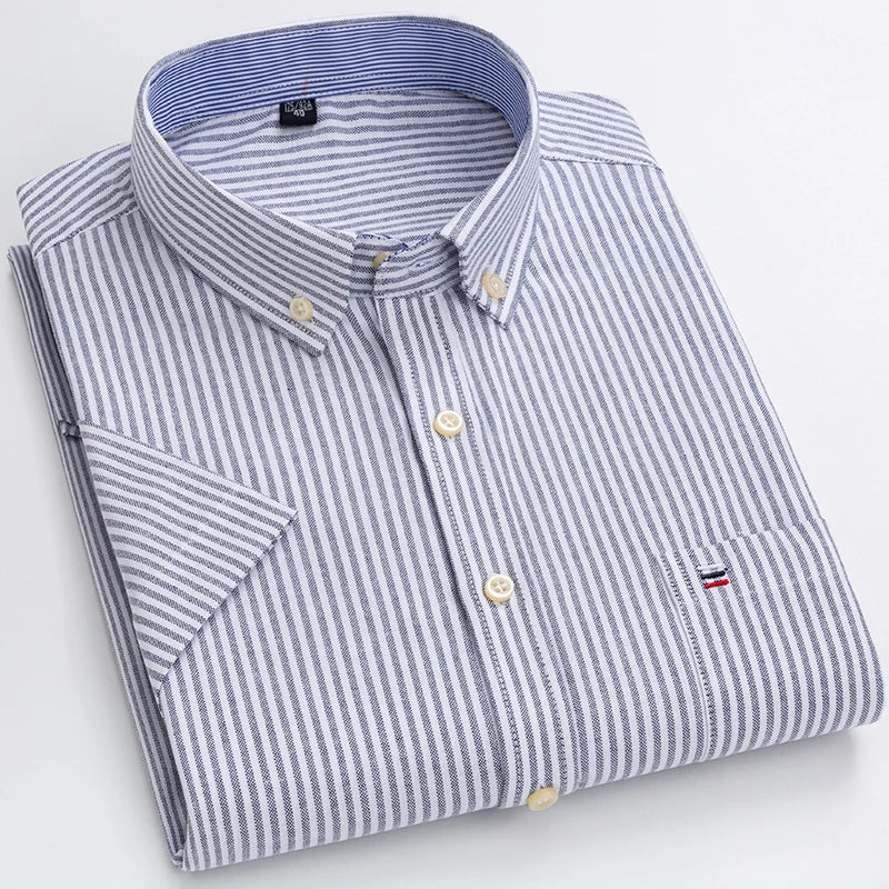Men's Oxford Short Sleeve Square Collar Soild Plaid Striped Summer Casual Shirts Single Pocket Comfortable Cotton Shirt