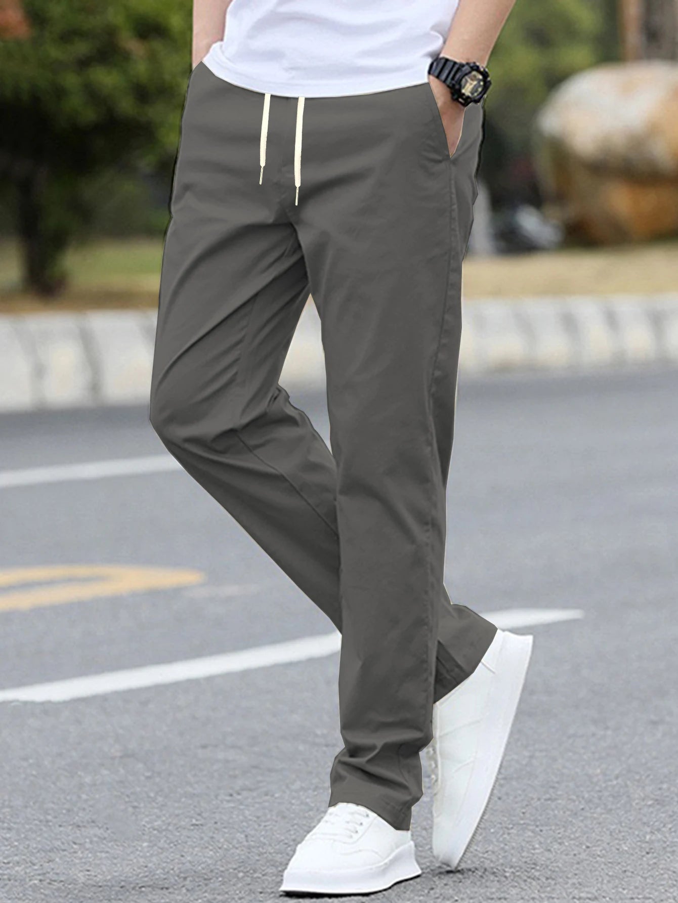 Men's Solid Color Casual Fashion Trousers with Drawstring Waist Regular Fit Pocket Trousers