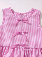 Fashion girl pink and white striped round neck lace up bow ruffle edge+pink striped side butterfly shorts two-piece set