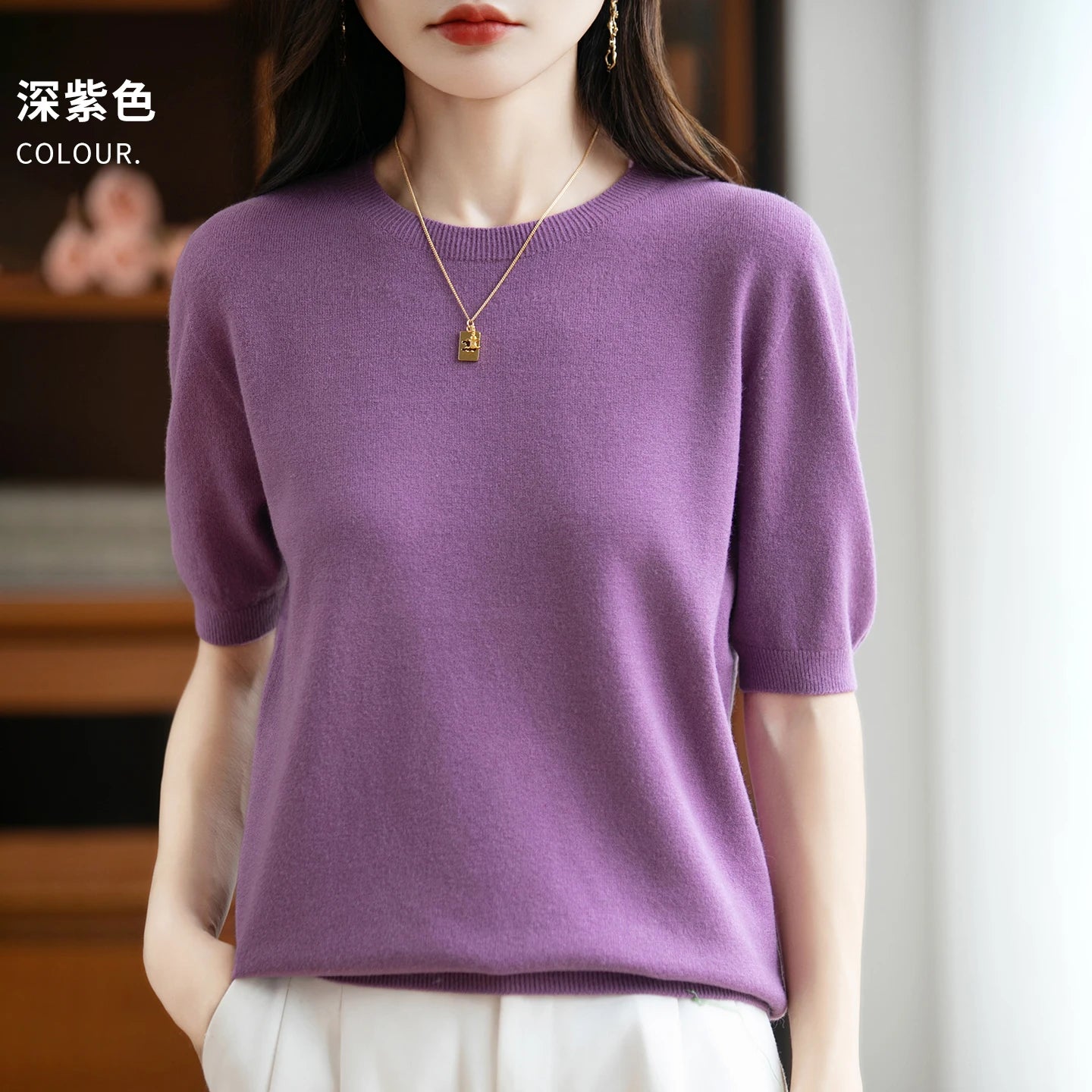 Fall/winter women's O-neck basic warm casual pullover fashion short sleeve 100% wool 22-color knitted sweater.
