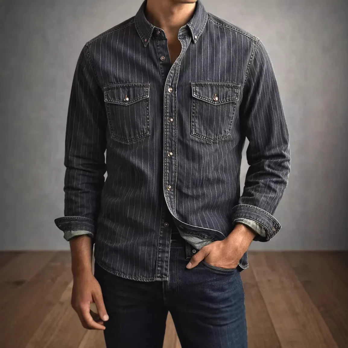Retro Denim Striped Shirt Men's Casual Slim Fit Spring Fashion Outerwear Lightweight Long Sleeve Polyester Fiber Urban Style