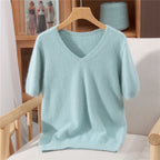 Women's 100% pure mink cashmere V-neck sweater T-shirt solid color knitted fashionable versatile short sleeved pullover sweater