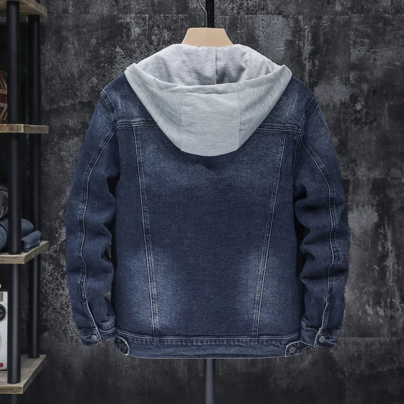Spring 2023 Men's Loose Fit Thickened Fleece Lined Detachable Hooded Denim Jacket Youth Fashion Winter Outerwear Casual Jeans...